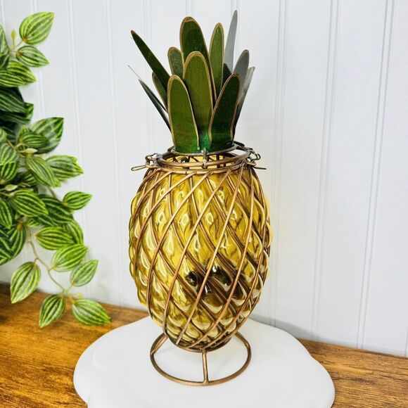 Vintage Caged Pineapple Copper Wire Blown Bubble Glass Candle Holder Enamel